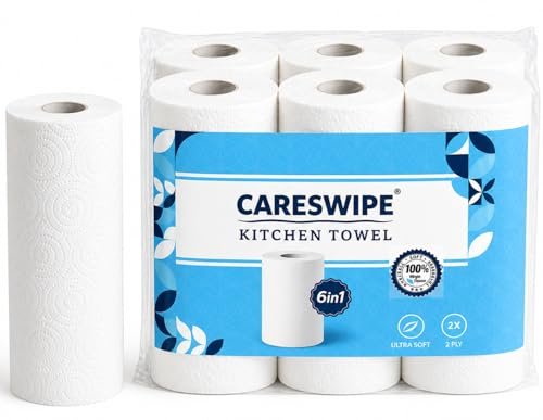 Careswipe Kitchen Tissue Paper Roll – 2 Ply Tissue Paper Roll, 360 Pulls, 6 Rolls x 60 Sheets, Soft & Absorbent Virgin Cellulose Towels for Kitchen Cleaning