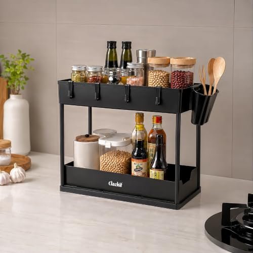 Clazkit 2-Tier Under Sink Organizer for Kitchen & Bathroom | Pull-Out Cabinet Storage Rack with Hooks & Hanging Cup | Multi-Purpose Organizer for Cleaning Supplies, Toiletries & Accessories | Black