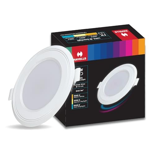 Havells Polycarbonate Luna 6W Downlight for Junction Box Round | Colour – Warm White 3000K |3 inch Cutout, 22mm Height | High Voltage Protection Upto 4KV | Pack of 1