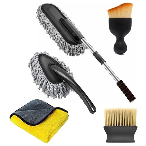 OTO2EYE 5 PCs Microfiber Car Duster with Long Handle Car Cleaning Brush Exteriror and Interiror Car Cleaning Cloth Car Ac Vent Cleaner Brush for Car, Motorbike, SUVs Car Cleaning Kit (Combo 5)