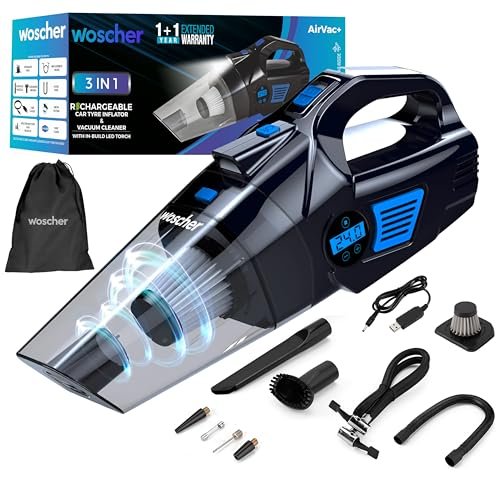 WOSCHER AirVac Pro+ 3in1 USB Rechargeable Car Vacuum Cleaner Cordless,Tyre Inflator,150 PSI Digital Air Pump for Car Tyre|120 Watt Car Vacuum Cleaner High Power 6000PA |LED Light| Auto Shut Off