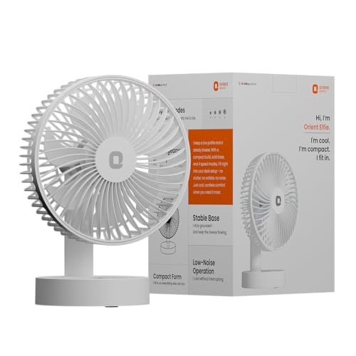 Orient Electric Elfie Rechargeable Personal Fan | 90° Adjustable Airflow | 1800 mAh Battery | 4 Speed Modes | Quiet Operation | USB Type-C Charging | Compact Mini Fan (White)