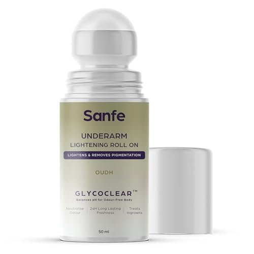 Sanfe Underarm Lightening Roll On (Oudh) with 5% AHA, Glycolic Acid & Salicylic acid 0.5% W/W | For Underarms | Lightens & Remove Pigmentation | Deodorant for Underarms | Glycoclear Technology | Men & Women