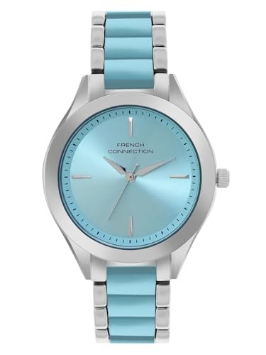 French Connection 3 Hands Blue Round Dial Stainless Steel & Acrylic Strap Casual Premium Sunray Feature Wrist Watch for Women – FCB9USM