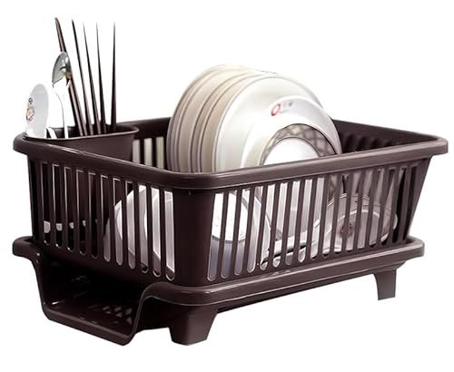 PANCA Plastic Kitchen Dish Rack Organizer with Drying Tray | Durable Utensil Drainer Basket for Plates, Bowls & Spoons | Countertop Storage Stand (Green & Brown, 45 x 32 x 18 cm)