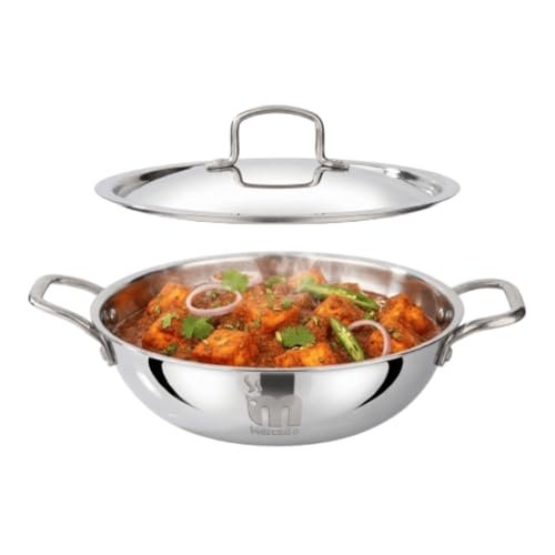 Mercado Triply Stainless Steel Kadhai 24 cm (2.7L) with Lid | SS304 Food Grade | Even Heating | Ideal for Daily Cooking & Frying | Induction & Gas Compatible | 5 Years Warranty