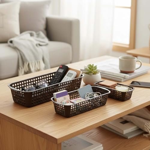 Go Hooked Rectangular Plastic Drawer Organizer (Set of 3) – Multipurpose Storage Basket for Makeup, Stationery, Desk & Home Organization – Durable & Compact (Brown)