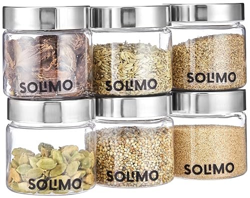 Amazon Brand – Solimo Plastic Storage Jar & Containers | Set of 6 | Steel Cap Jar Set | Air Tight & BPA Free | Multipurpose Jar Set | 200 ML | Silver, Transparent
