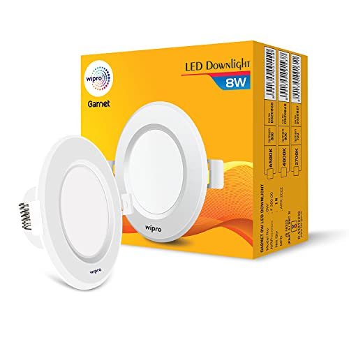 Wipro Garnet 8W Round Downlight Junction Box | Cool White (6500K) | Glare-Free Design | Recessed Downlighter for False Ceiling | Cutout ? 3 inch | Pack of 1, Polycarbonate