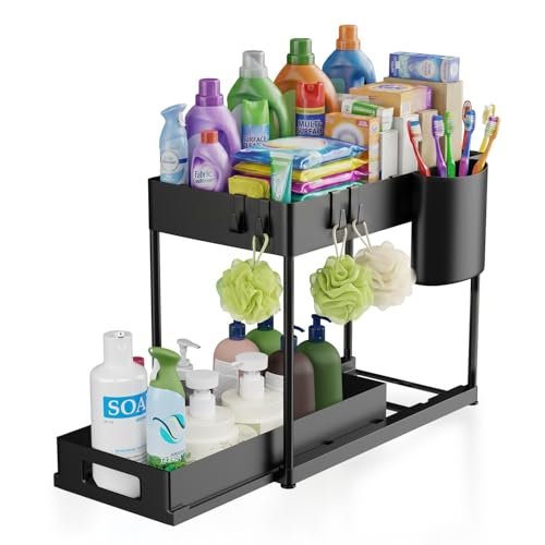 Lifelong 2-Tier Under Sink Storage Organizer | Pull Out Cabinet | Drawers for Kitchen Cabinets | Sliding Rack with Removable Panels & Hooks | Multi-Purpose Organiser for Kitchen or Bathroom (LLEUS09)