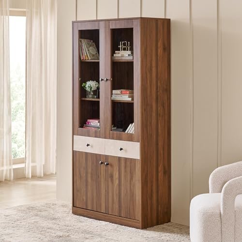Home Centre | Addison 4-Door Book Cabinet with Drawers | Engineered Wood | Brown | 1 Year Warranty