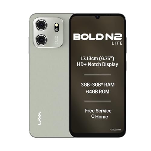 Lava Bold N2 Lite (Kolar Gold, 3 GB RAM, 64 GB Storage) | 6.75″ HD+ Display | 13MP AI Dual Rear Camera | 5000 mAh Battery | Secure Face Unlock | Fingerprint Reader | Charger & Phone-Cover in Box