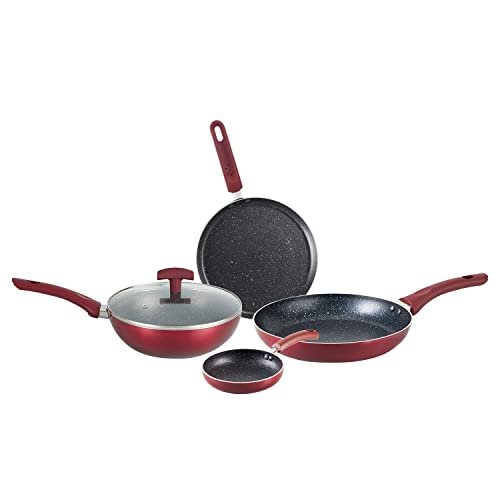 Bergner Amarone 5 Pcs Induction Bottom Cookware Set of 24 cm (2.4 L) Kadhai with Glass Lid, 24 cm (1.3 L) Fry Pan,25 cm Tawa, 14 cm Mini Pan, Induction Base and Gas Stove Ready – Maroon