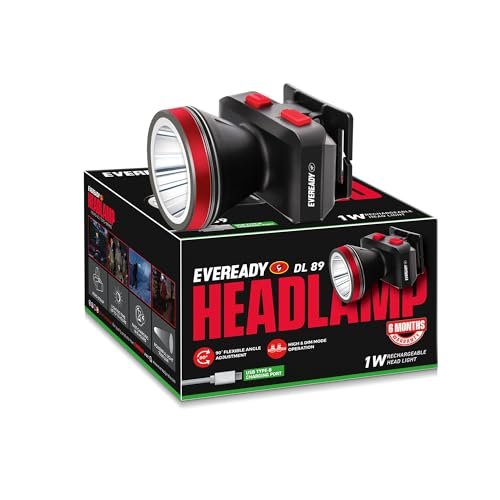 Eveready Headlamp DL89, Rechargeable 1W Led Emergency Head Light Torch, 90° Tilt, Easy to Mount (Can Be Worn Without A Helmet), Type-B/Micro-USB Fast Charging, Powered By Li-Ion Battery