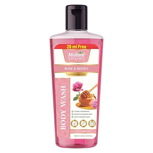 Multani Naturals Rose & Honey Body Wash 270ml | Ayurvedic Herbal Body Cleanser with Rose, Aloe Vera & Neem | Soothing, Anti-Inflammatory | Paraben & Sulphate Free | For Men & Women | All Skin Types