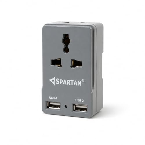 Spartan 3 Pin All Multiplug Charger/Travel Adapter, 10A Power Sockets / 2Pin & 3Pin Socket Adapter with Dual USB Charging Port (Grey, Pack of 1)