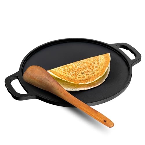 Lifelong Cast Iron Dosa Tawa with Wooden Spatula for Dosa, Uttapam & Chapati | 30 cm, 2.5kg | Tawa & Spatula Set | Pre Seasoned, Non-Toxic, Non-Stick & Teflon Free | Gas & Induction Stove-Friendly