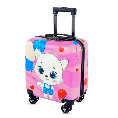 Storite 18 Inches Kids Trolley Bag Hard-Sided Polycarbonate Cute Chibi Kitten with Balloons Print Spinner Suitcase Cabin Luggage for Kids(Pink – 35 x 23 x 38 Cm)