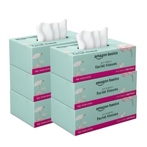 Amazon brand- Amazon Basics 2-Ply Facial Tissue paper 1200 pulls | 200 pulls x Pack of 6| Soft, Absorbent & Gentle| Chemical-Free