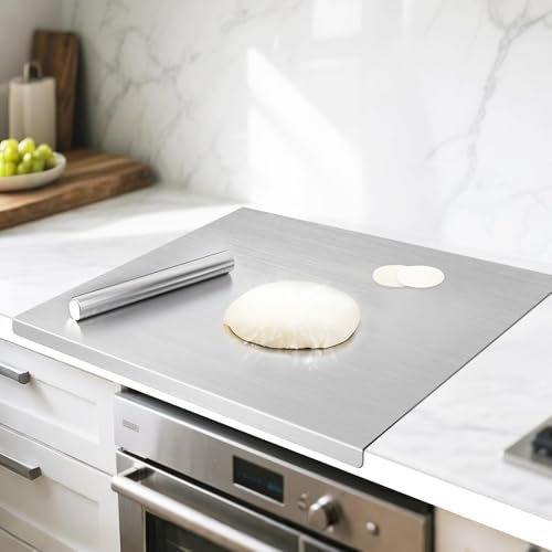 MEDALLIX Stainless Steel Chopping Board with Lip for Kitchen | Heavy Duty Cutting Board for Vegetables, Meat, Fish, Fruits | Non-Slip, Rust-Proof, Round Edges | Includes Rolling Pin