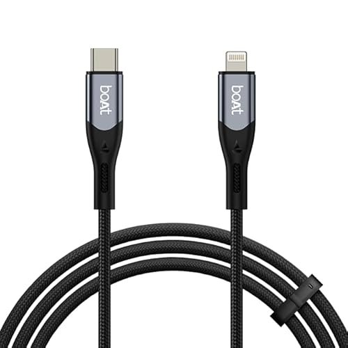 Boat Type C to Lighting Cable for 27W Fast Charging | 480 Mbps Data Transfer | 1.2 m (3.9 ft) Perfect Cable Length | Premium Nylon Braiding | Durable & Tangle-Free | with Silicon Tie (Carbon Black)