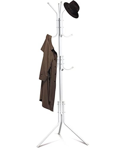 House of Quirk Coat Rack Freestanding Metal Coat Tree Hanger 12 Hooks Hat Rack for Hanging Bags Scarves Clothes Handbag Umbrella Jacket Hall Bedroom – White