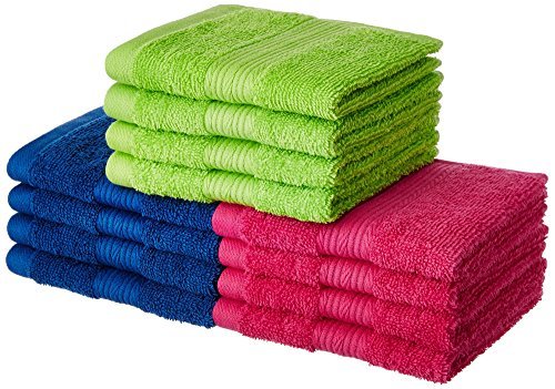 Amazon Brand – Solimo 100% Cotton 12 Piece Face Towel Set, 500 GSM (Multicolour)