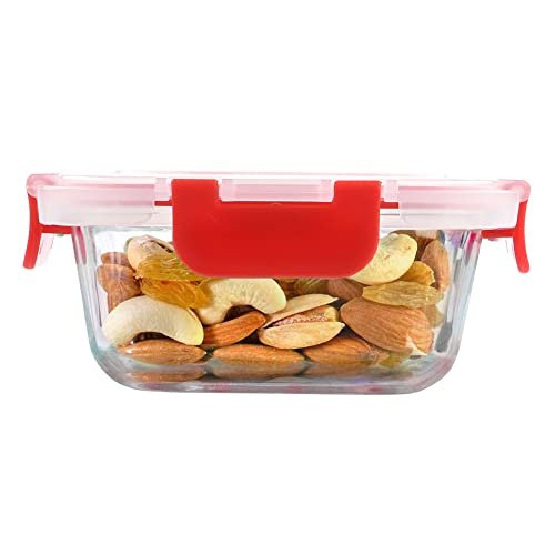 Cutting EDGE Borosilicate Glass Container with Lid Square Glass Container Microwave Safe for Kitchen (Red, 320ml, Set of 1)