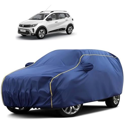 Sulfar 100% Water Resistant Car Body Cover Compatible with Mirror for Renault Triber (Triple Stitched, Full Bottom Elastic, Blue Tafetta with Yellow Piping)