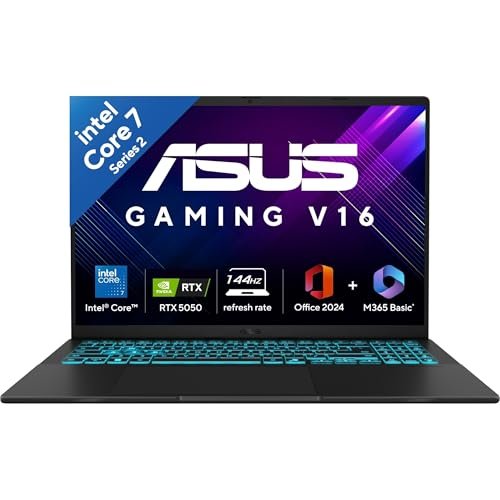 ASUS Gaming V16 (2025),Intel Core 7 240H (i7-14th Gen),RTX 5050-8GB,16GB RAM,512GB SSD,FHD+,16″,144Hz,Backlit Keyboard,Windows 11,M365*,Office 2024,Matte Black,1.95 Kg V3607VH-RP038WS,Gaming Laptop