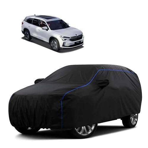 Sulfar 100% Water Resistant Car Body Cover Compatible with Mirror for Skoda Kodiaq (Triple Stitched, Full Bottom Elastic, Black Tafetta with Blue Piping)