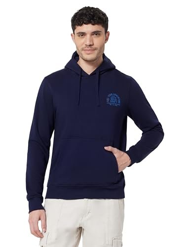 Wildcraft Men Sierra Solid Cotton Blend Hooded Casual Sweatshirt, Full Sleeve – Regular fit, Navy Blue, Large