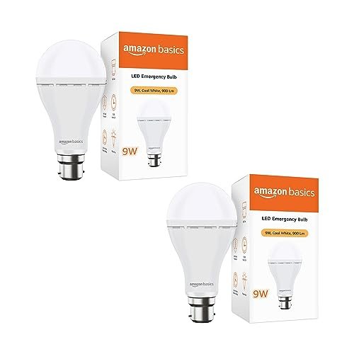Amazon Basics – Rechargeable 9W LED Emergency Inverter Bulb, Cool White (Base B22, Pack of 2)