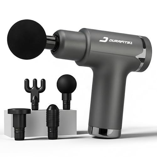 Durafit91™ Pulse Pro Handy Deep Tissue Massage Gun for Full-Body Pain Relief, Rechargeable and Cordless with Lithium Battery | 6 Speed Intensities (Low to High) | Includes 4 Interchangeable Massage Heads for Various Muscle Relaxation Needs (Neck, Shoulder, Back, and Foot) for Men and Women | Suitable for Use at Home, the Gym, and During Travel (Grey)
