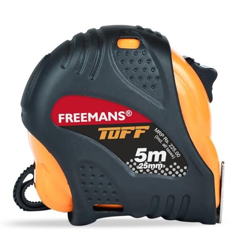 FREEMANS TUFF 5m:25mm Steel Inchi Measuring Tape – 5m with a Non Slip Rubber Covered ABS case || Double Side Printing || Click Action Front Lock and Belt Clip