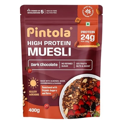 Pintola High Protein Muesli Dark Chocolate & Cranberry 400g, 24g Protein, High Fibre, Trans Fat Free with Brown Sugar, Real Fruits, Muesli for Breakfast Food, Muselies Fruit Nuts and Seeds (400g)