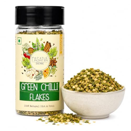 Rasatva Green Chilli Flakes | 30g | Hot & Spicy Pizza Pasta Seasoning | 100% Natural Dry Green Chilli Flakes | No Additives, Preservatives & Colours | Seasoning for Pizza, Pasta, Garlic Bread, Snacks