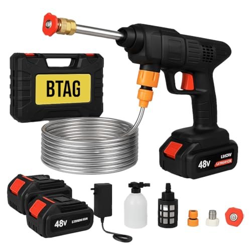 BTAG 48V Cordless High Pressure Car Washer Gun with Double Battery | Portable Water Jet Cleaner with Foam Bottle, Long Hose & Nozzle Set for Car, Bike, Home & Garden Cleaning. Pack of 1
