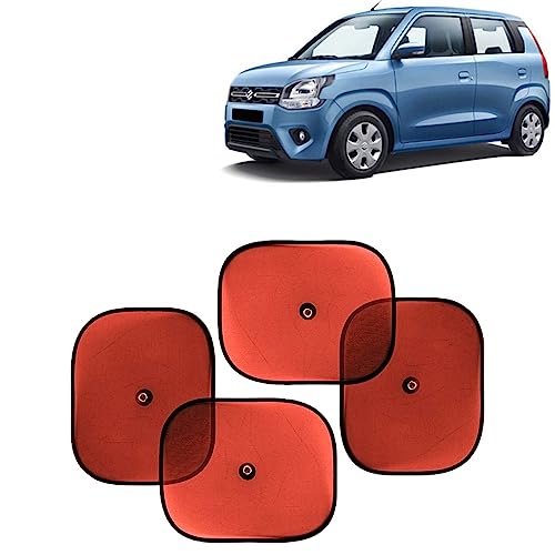 KINGSWAY Car Window Curtain Sticky Sun Shades Compatible with Maruti Suzuki Wagon R, (Year 2019 Onwards), Universal Fit Sunshades for Side Window, Rear Window, Red Color, 4 Pieces