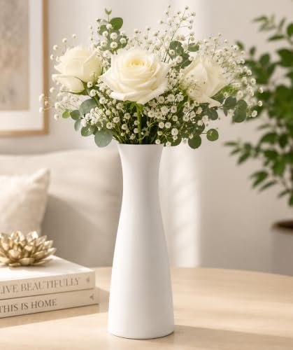 The Bright Storey White Ceramic Flower Vase for Home Decor, Modern Decorative Vase for Living Room, Bedroom & Office, Minimalist Table Centerpiece for Roses, Tulips, Baby’s Breath & Artificial Flowers