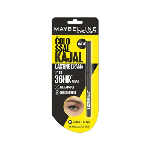 Maybelline New York Colossal Lasting drama Kajal – 36H Wear, Waterproof, Smudge Proof Kajal – 10 Midnight Black, 0.31g