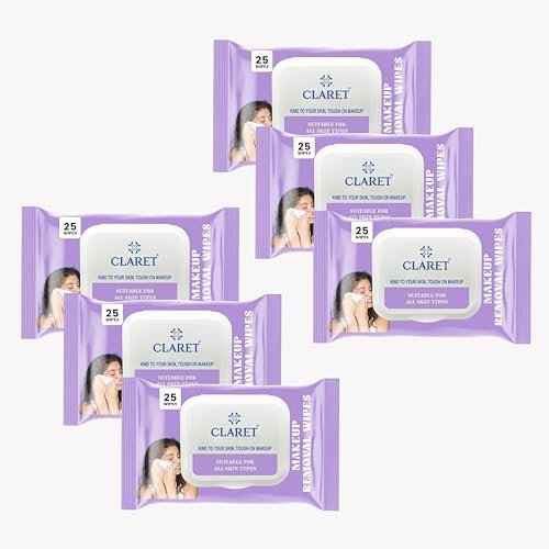 Claret Gentle Makeup Removal Wet Wipes – 25 Count Pack | pH Balanced Alcohol-Free Wipes | Soft on Skin, Removes Stubborn Makeup | For All Skin Types | 100% Vegan & Paraben-Free (Pack Of 6)