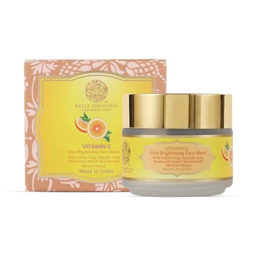 RYLLZ ESSENTIALS Vitamin C Face Mask | Skin Brightening with Yellow Clay, Salicylic Acid, Hyaluronic Acid, Niacinamide, Glycolic Acid, Green Tea Extract & Kaolin Clay | For Glowing Skin, Dark Spots, Oil Control, Open Pores, Uneven & Dull Skin | For All Skin Types | 100 ml