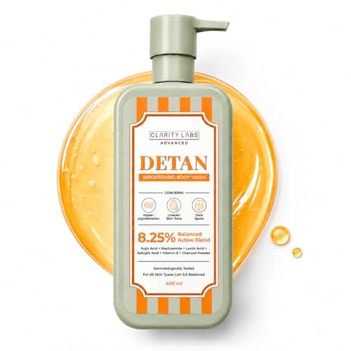 Clarity Labs Detan Brightening Body Wash with 8.25% Active Blend | Kojic Acid, Niacinamide, Alpha Arbutin, Salicylic Acid & Charcoal | Tan Removal, Skin Brightening, Dark Spot, Underarm & Body Pigmentation Wash for Women, Men, Boys, Girls & Teens | Sulphate Free | 400ml