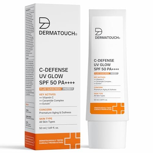 DERMATOUCH C-Defense SPF 50 PA++++ Fluid Sunscreen with Vitamin C & Ceramides | Broad Spectrum | For Premature Aging, Dullness & Sunburn | Zero White Cast | Lightweight Daily Sunscreen | In-Vivo & In-Vitro Tested | 50ml