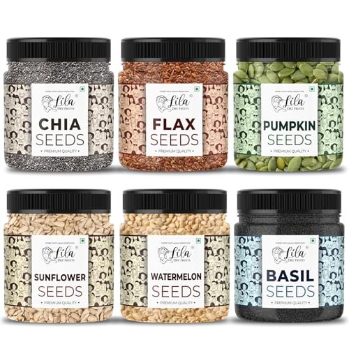 LILA DRY FRUITS 6 Superseed Combo (Basil, Chia, Sunflower, Watermelon, Pumpkin & Flax) 6 x 150 Gms Healthy Combo for Immunity Weight Loss Mix Seeds for Diet Superfood Snacks Perfect for Gifting
