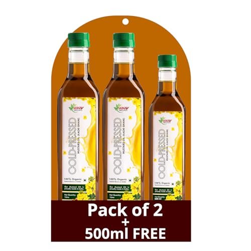 Rav Organics Certified Organic Cold Pressed Mustard Oil – 1 Litre Each (Pack of 2) | Total 2 Litres + 500 ml Free | Pure Cooking Oil Rich in MUFA & PUFA – Omega 3| Sarson Oil for Traditional Indian Flavor for Tadka & Pickle, Kachi Ghani, No Argemone oil | Clean Lable Food – Full of Nutrients