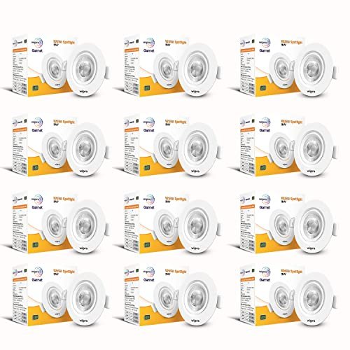 wipro Garnet 3W LED Wave Spotlight |Cool White Light (6500K) | Adjustable Design | Recessed Tiltable Downlighter for False Ceiling | Pack of 12