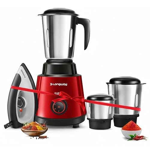Longway Super Pro Mixer Grinder with Kwid 1100W Dry Iron | 500 Watt Powerful Motor | 3 Jars for Grinding, Mixing, Juicing | 2 Years Warranty (Red & Wine, Combo Offer)