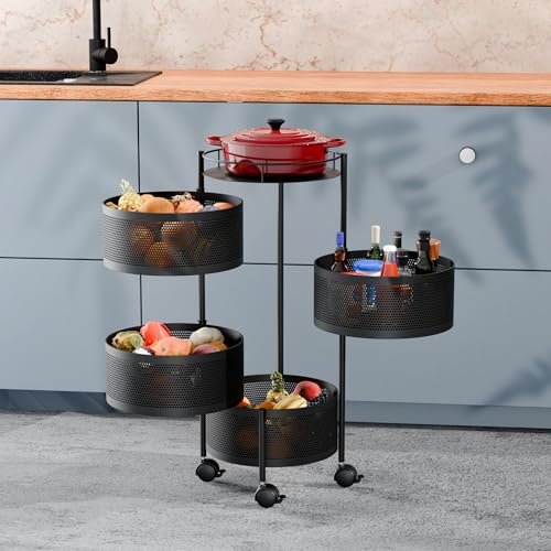 TEX-RO Kitchen Trolley with Wheels | 4-Layer Metal Vegetable Basket Stand & Kitchen Storage Rack | Multipurpose Kitchen Organizer for Onion Potato Storage (Round)